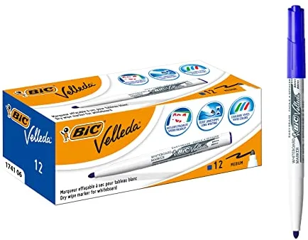BIC Velleda 1741, Rotuladores para Pizarra Blanca de Punta Media, conica, (4,5mm), Óptimo para Uso de Oficina, Azul, Paquete de 12 Unidades