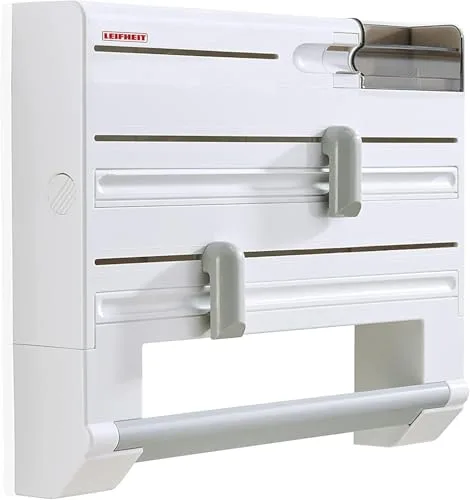 Leifheit Portarrollos de pared Parat Plus ComfortLine, porta rollos para papel de cocina, de aluminio, film y bolsas para congelar, soporte de pared, Color Blanco