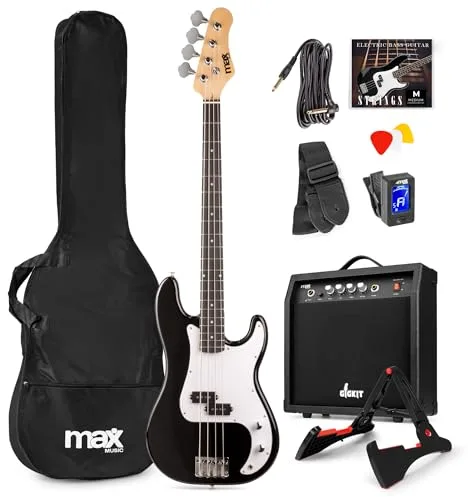 Max GigKit - Pack completo de bajo eléctrico Negro con amplificador de 40W, funda, soporte, afinador, cuerdas y cable incluidos, ideal para principiantes, ensayos en casa o estudio.