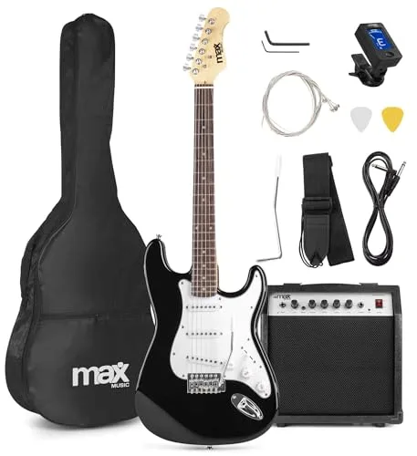 MAX GigKit - kit guitarra eléctrica de iniciación, amplificador de guitarra eléctrica de 40w, funda de transporte, afinador digital, cuerdas, palanca tremolo, correa, 2 puas, cable de 3m, Color Negro