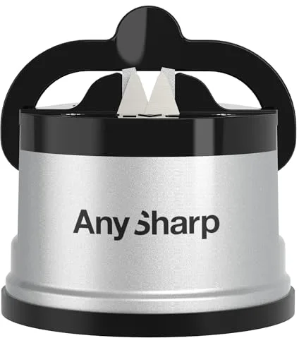 AnySharp Afilador de Cuchillos, Seguridad sin Manos, Ventosa, Afila con Seguridad Todos los Cuchillos de Cocina, Ideal para Acero Endurecido y Dentados, Compacto, Plata