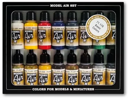 Vallejo Model Color Set de Pintura Acrílica Colores Básicos. Kit de 16 Colores de Acabado Mate para Aerógrafo en Botellas de 18 Ml con Cuentagotas para Aviones de la I y II Guerra Mundial