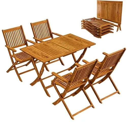 CASARIA® Conjunto Muebles Jardín Set Mesa 4 Sillas Plegable Juego Comedor 5 Piezas Madera Acacia FSC® Resistente Terraza Patio Balcón 120x70x75cm