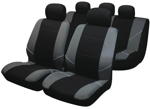 Sakura Merton By0802 - Fundas para Asientos y Reposacabezas de Coche, Juego Completo Universal, Dobladillos Elásticos, Compatibles con Airbags Laterales, Aptos para Lavadora, Color Negro y Gris