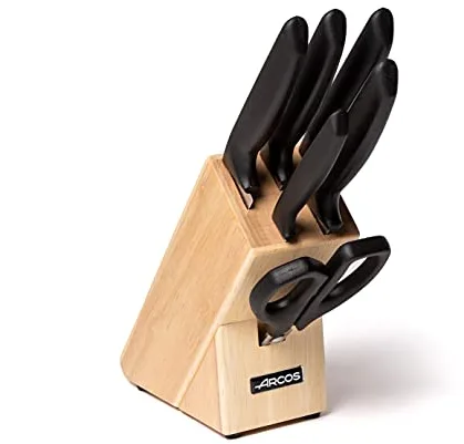 Arcos Juego de Cuchillos de Cocina. 6 piezas con bloque. 5 Cuchillos chef y 1 tijeras Acero Inoxidable. Mango ergonómico polipropileno para cortar carne, pescado y verduras. Serie Niza. Color negro.