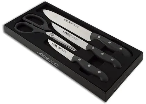 Arcos Juego de Cuchillos de Cocina cuatro piezas. 3 Cuchillos chef y 1 tijeras Acero Inoxidable y mango ergonómico polioximetileno para cortar carne, pescado y verduras. Serie Maitre. Color negro.