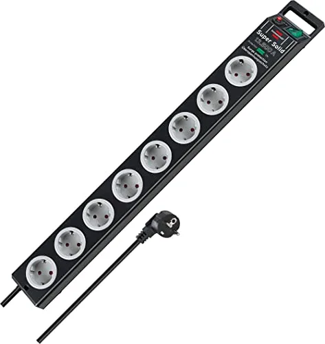 Brennenstuhl Super-Solid regleta enchufes con 8 Tomas y protección sobretensiones hasta 13.500A (con Cable de 2,5m e Interruptor, regleta eléctrica de policarbonato inastillable) Negro/Gris