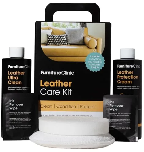 Kit de cuidado para muebles de cuero Furniture Clinic – Kit de limpieza de la calidad para sofás y muebles de cuero – 250 ml de limpiador de cuero y acondicionador de cuero – Todo tipo de cueros