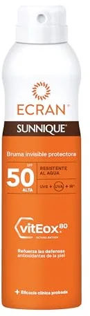 Ecran Sunnique - Bruma Protectora Solar FPS 50, Protección UVB + UVA e IR-A, Refuerza las Defensas, Protege la Piel, Hidratación 24 h, Fórmula con VitEox 80, para Toda la Familia - 250 ml