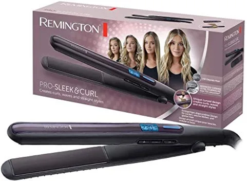 Remington Plancha de Pelo Pro Sleek & Curl, 2 en 1 Alisa y Riza, Óptimo para Ondas, Placas Estrechas Extralargas, Cerámica Avanzada Ultra, Temperatura hasta 230°C, Función Turbo, Digital, S6505