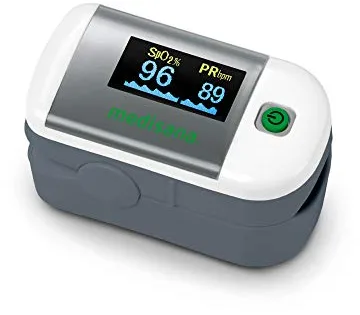 medisana PM 100, oxímetro de pulso, medición de la saturación de oxígeno en la sangre, oxímetro de pulso para el dedo con pantalla OLED y funcionamiento de un solo toque, 53 gr