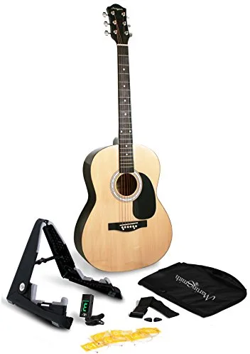 Kit de guitarra acústica Martin Smith de tamaño completo con soporte, afinador, funda, correa, púas y lecciones.