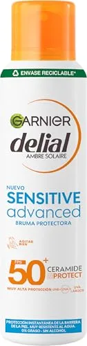Garnier Delial Sensitive Advanced Bruma Protectora Solar Muy Alta Protección FPS 50+. Para pieles claras, sensibles e intolerantes al sol. Resistente al agua. 0% graso, 0% pegajoso. 150 ml