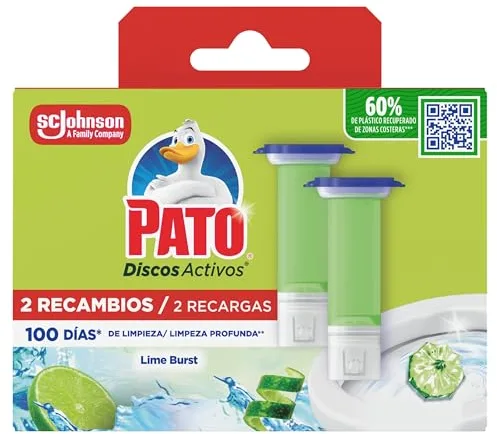 Pato Discos Activos WC Lima, Limpia, Refresca y Perfuma el Inodoro, Eficacia 360°, 2 Recambios = 12 discos