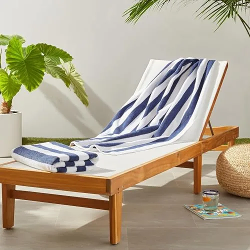 Amazon Basics Toalla para Playa, Piscina, Gimnasio y Spa, 100% Algodón Rayas Cabana, 76 x 152 cm, Azul Marino, Pack de 2