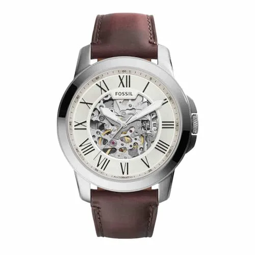 Fossil Reloj para hombre Grant, movimiento automático, caja de acero plateado de 45mm con correa de piel, ME3099