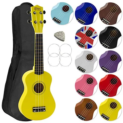 Tiger Mad About SU8-YL - Ukelele soprano en amarillo, con estuche, púa y cuerdas de repuesto GRATIS, óptima para escuelas y principiantes