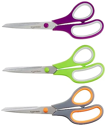 Amazon Basics Tijeras de acero inoxidable, cómodas, multifuncionales, multiusos, recubiertas de PVD, paquete de 3, oficina, hogar, cocina, multicolor