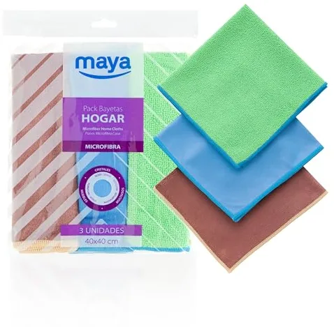 Maya Bayeta Pack Hogar. 3 Unidades Microfibra 40 x 40 cm. Muebles, Cristales y Multiusos. Lavables 50 Ciclos a 60ºC.