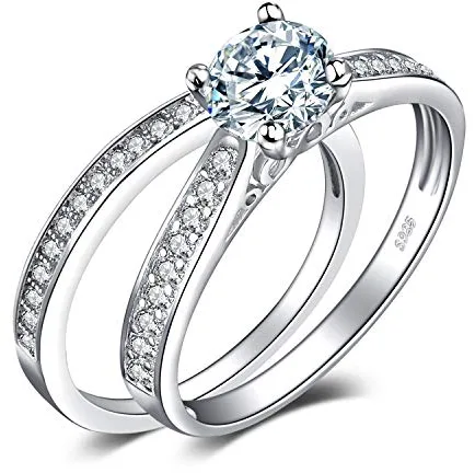 JewelryPalace Anillo de Compromiso Plata de Ley 925 Mujer, 1ct Diamante Simulado Chapado en Oro, Alianzas Banda Boda Conjuntos, Joyería de Aniversario