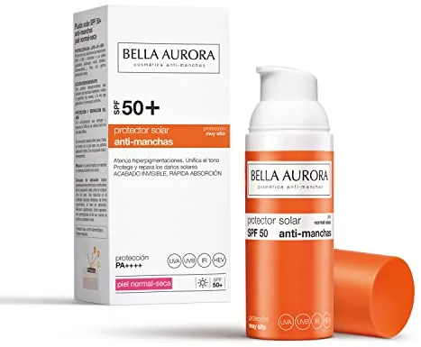 Bella Aurora Protector Solar SPF 50+ Facial Anti-Manchas Piel Normal Seca, 50 ml | Crema Protección del Sol Cara | Bloqueador Solar