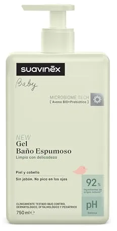 Suavinex, Gel - Baño Espumoso para Bebés, Champú para Piel y Cabello, Sin Jabón, Apto Pieles Sensibles y Recién Nacidos, No Pica en los Ojos, 92% Ingredientes Origen Natural, con Prebiótico, 750 ml