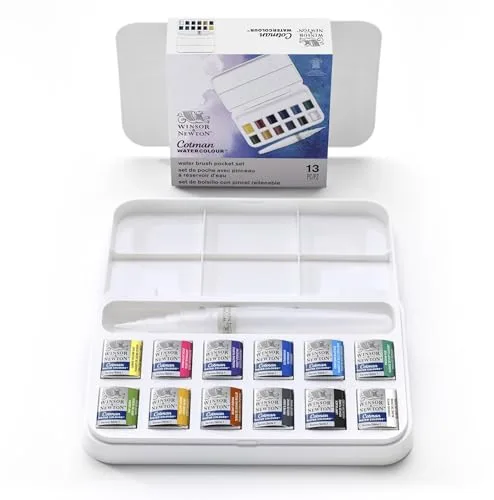 Winsor & Newton acuarela Cotman - Set de acuarela con pincel rellenable, 12 medio godets, colores surtidos