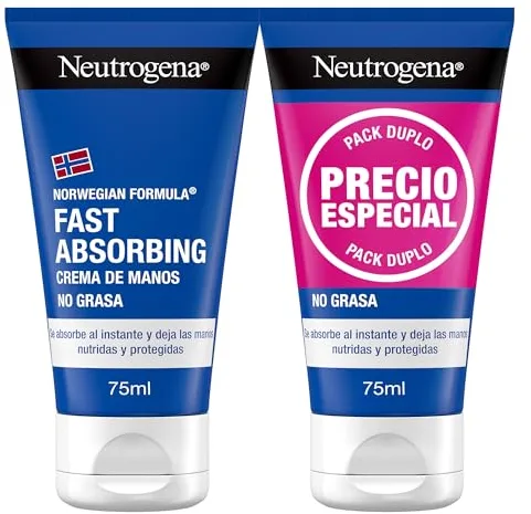 Neutrogena Fórmula Noruega Fast Absorbing Crema de manos No Grasa (pack de 2 x 75 ml), crema manos reparadora con glicerina y vitamina E, para manos secas y agrietadas