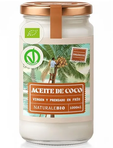 NaturaleBio Aceite de Coco Ecológico Virgen 1000 ml. Crudo y prensado en frío. Orgánico y Natural. Aceite Bio nativo no refinado. País de origen Sri Lanka.