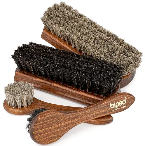 Biped Set de 4 cepillos para Zapatos Classic con Mango de Haya – 2 para aplicar betún + 2 para abrillantar con Crin de Caballo – Completo Kit de Cuidado del Calzado en Caja Regalo z2487