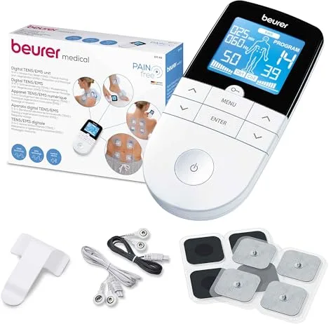 Beurer EM 49 TENS/EMS digital, dispositivo de corriente de estimulación 3 en 1 para el alivio del dolor y entrenamiento, función de masaje, incluye 4 electrodos, Color Blanco