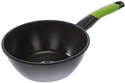 BRA Prior Wok con mango, Aluminio Fundido con Antiadherente, Negro, Diámetro superior 24 cm, Diámetro base 13.2 cm