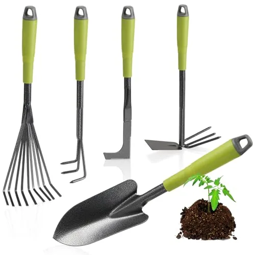 COM-FOUR® Juego de Herramientas de jardín de 5 Piezas - Juego de jardín con Azada Doble, cultivador pequeño, raspador para Juntas, rastrillo de Mano, Paleta de Flores