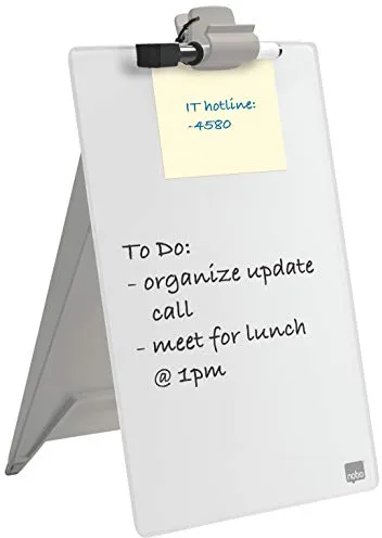 Nobo 1905173 - Atril de Sobremesa con Pizarra de Cristal, Superficie de Borrado en Seco, Tamaño 216 x 297 mm, Incluye Rotulador y Clip para Documentos, Diseño Sin Marco, Color Blanco Brillante