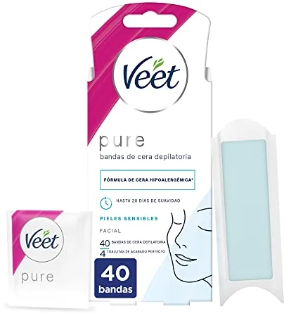 Veet Pure Bandas de Cera Fría Depilatoria para Depilación Facial Adecuado para Labio Superior (Bigote), Fórmula de Cera Hipoalergénica para Pieles Sensibles, 40 Tiras