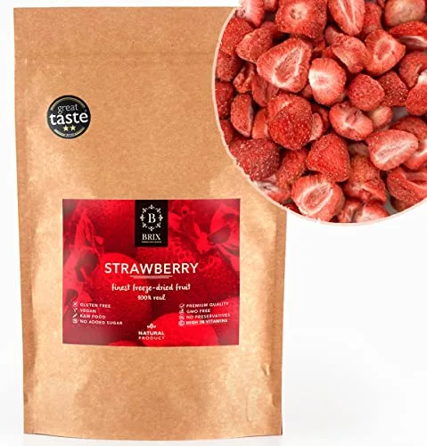 BRIX Mitades de Fresas liofilizadas | Fresas Deshidratadas 100% Naturales 75g | Premio de Gran Sabor de Frutos Secos | Sin OGM, Gluten, Vegano y Retenido de Vitaminas