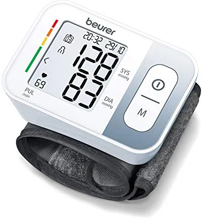 Beurer BC 28 Tensiómetro de muñeca con detección de arritmias, medición totalmente automática de la tensión arterial y el pulso, indicador de riesgo codificado por colores, blanco, 14.5-19.5 cm