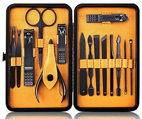 Profesional Cortaúñas Acero Inoxidable Grooming Kit - Set de 15 Piezas para Manicura y Pedicura Limpiador Cutícula con Bonita Caja (Amarillo)