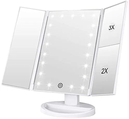 WEILY Espejo de Maquillaje, 1x / 2X / 3X Espejo de Maquillaje de Tres Pliegues con 21 Luces LED y Pantalla táctil Ajustable Espejo Iluminado Tocador Espejos cosméticos de encimera (Blanca)