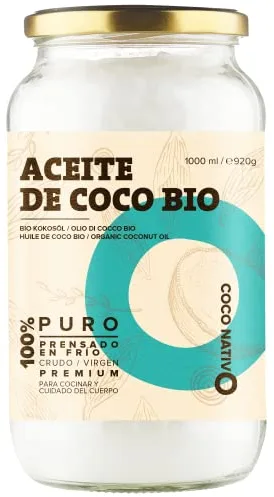 Aceite de Coco CocoNativo Orgánico Virgen Extra Ecologico 1x1000 ml, Extracción En Frío, Fuente De Energía Natural Para Deportistas, Suplemento Alimenticio, Para Cocinar, Para El Pelo