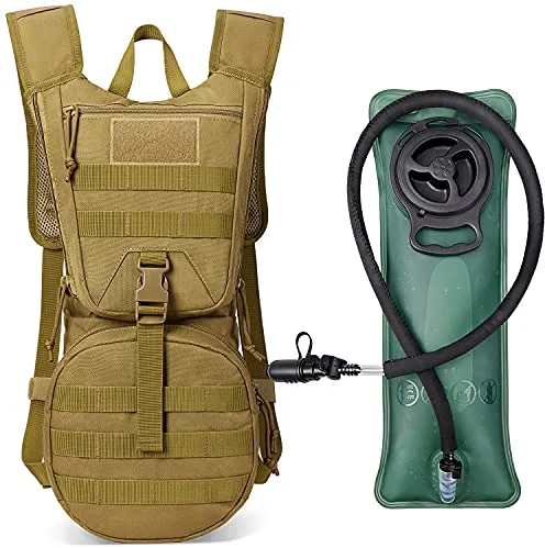 G4Free Mochila Táctica de Hidratación con 2,5L Saco de Agua, Ligero Bolso, Múltiple Función para Senderismo Ciclismo Correr, Caminar y Escalar-Marrón Claro