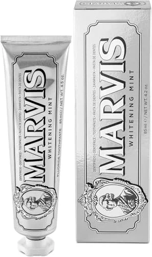 Marvis Pasta de dientes blanqueante de menta, 85 ml, gel dentífrico para un blanqueamiento natural, pasta dental refrescante que elimina la placa