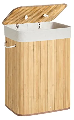 SONGMICS Cesto de la Ropa Sucia con Tapa, 72 L, Cesta de Lavandería de Bambú, Plegable, con Bolsa Lavable Extraíble, Asas, para Lavandería, Dormitorio, Natural LCB10Y