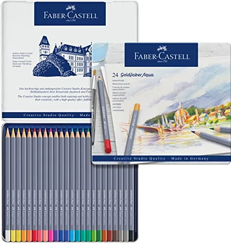 Faber-Castell 114624 - Estuche de metal con 24 ecolápices acuarelables hexagonales Goldfaber Aqua, colores surtidos