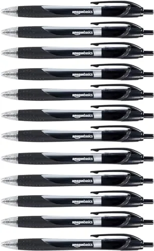 Amazon Basics Bolígrafos de punta retráctil y tinta de gel, 12 Unidad (Paquete de 1), punta fina, Negro