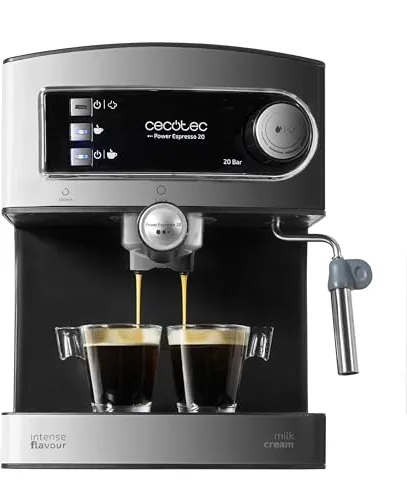 Cecotec Cafetera Express Manual Power Espresso 20. 850 W, Presión 20 Bares, Depósito de 1,6L, Brazo Doble Salida, Vaporizador, Superficie Calientatazas, Acabados en Acero Inoxidable