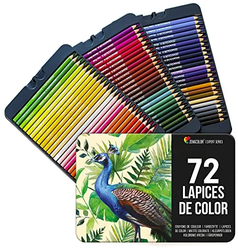 Zenacolor 72 Lápices de Colores (Numerado) con Caja de Metal 72 Colores Únicos para Libro de Colorear - Fácil Acceso con 3 Bandejas - Regalo Ideal para Artistas