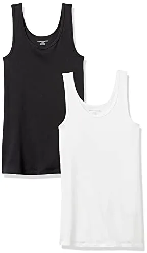 Amazon Essentials Camiseta de Tirantes de Ajuste Entallado Mujer, Pack de 2, Blanco/Negro, M
