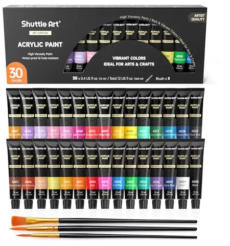 Shuttle Art Kit Pintura Acrílica, 30 Tubos 12ml Acrilicos para Pintar No Tóxicos, Pintura Acrilica Manualidades Ideal para Niños Adultos, Pinturas Acrilicas para Lienzos Madera Arcilla Tela Cerámica