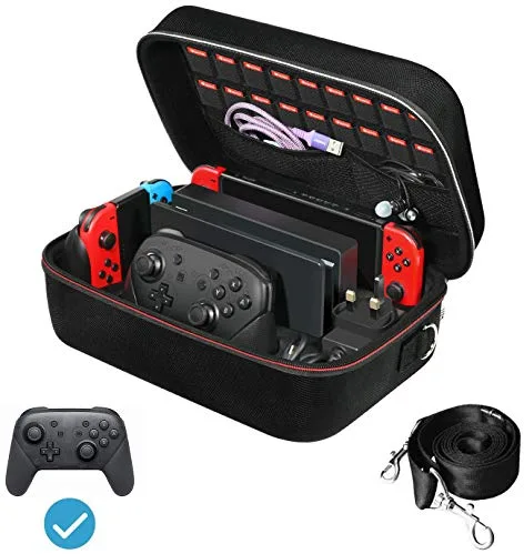 ivoler Funda Compatible con Nintendo Switch y Switch OLED, Estuche Dura de Transporte, Carcasa Rígida de Viaje para Consola, Adaptador AC, Joy-con Grip, Strap Joy-con, 18 Cartuchos de Juegos y Otros